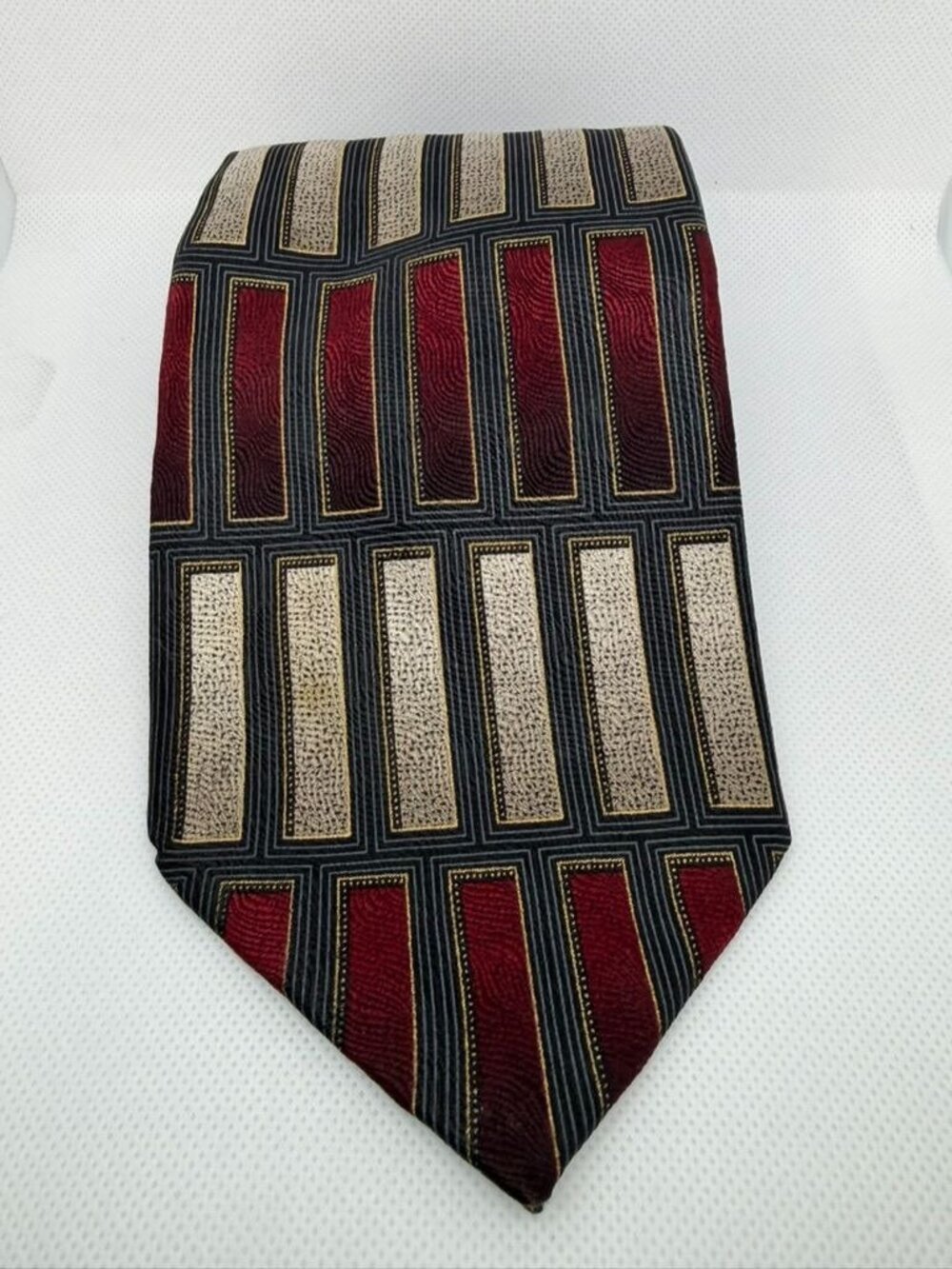 Di Mossio Handmade Pure Silk Geometric Patterned Tie With Red & Gold Rectangles